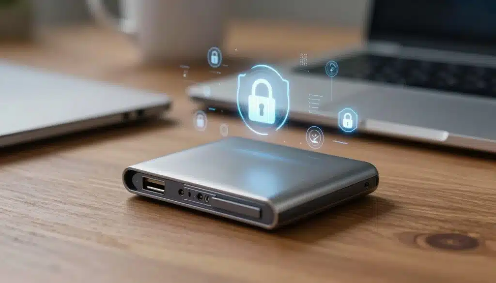 A close-up view of a modern hardware wallet resting on a sleek wooden desk, surrounded by a high-tech environment. In the foreground, emphasize the wallet with a light reflecting off its metallic surface, showing its compact design and USB-C connection. In the middle ground, include blurred elements of a computer and digital security icons floating subtly, evoking a sense of advanced technology. The background should feature soft, ambient lighting, with a hint of abstract circuit patterns that convey security and innovation. The atmosphere is professional and trustworthy, ideal for illustrating the concept of secure cryptocurrency storage.