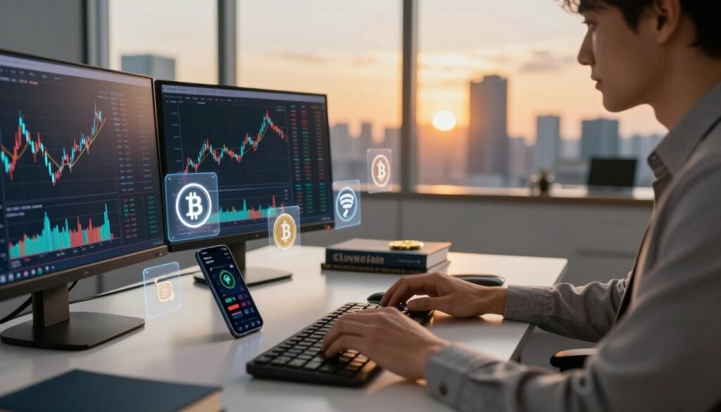 A close-up view of a professional working at a sleek, modern desk, analyzing cryptocurrency charts on multiple screens. In the foreground, graphs and digital currency icons float transparently, symbolizing early investment opportunities. The middle layer features a person in business attire, deeply focused, surrounded by crypto-related paraphernalia like books on blockchain technology and a smartphone displaying a crypto portfolio app. The background showcases a high-tech office with panoramic windows revealing a bustling city skyline at sunset, casting warm golden light across the scene, creating an atmosphere of innovation and potential. The overall mood is one of curiosity and ambition, capturing the essence of navigating the evolving crypto landscape.