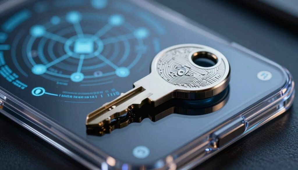 A close-up view of a sophisticated crypto wallet security key, elegantly designed with sleek metallic textures, illuminated by soft, focused lighting to highlight its intricate circuitry. In the foreground, the key is prominently displayed, surrounded by a transparent protective case that reflects the light subtly. The middle background features abstract representations of blockchain networks, with digital encryption patterns softly blurred to create a sense of depth. The overall atmosphere is modern and secure, conveying a mood of technological advancement and safety. A cool color palette of blues and silvers enhances the sleek design, making the image feel futuristic and professional. The scene is shot with a shallow depth of field to emphasize the security key while softly blurring the background elements, creating a cohesive and polished visual representation of crypto wallet security.