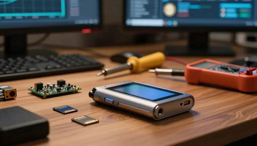 A close-up view of various hardware wallet components, arranged neatly on a wooden table surface. In the foreground, focus on a sleek, metallic hardware wallet, its screen illuminated with a soft blue light. Surrounding it, small electronic components like circuit boards, MicroSD cards, and cryptographic chips. In the middle ground, include tools such as a soldering iron and a multimeter, emphasizing a tech-savvy atmosphere. The background features blurred computer monitors displaying digital security charts and cryptocurrency icons, adding context without distraction. The overall lighting is warm and inviting, casting soft shadows to create a sense of depth. The mood is focused and professional, illustrating the intricacies of hardware wallet technology.