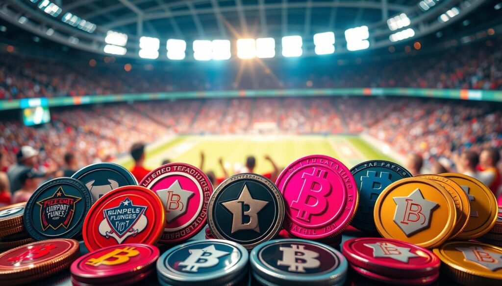 A collection of vibrant fan engagement tokens set in a dynamic sports environment. In the foreground, various sleek, digital tokens in different colors and designs, featuring sports team logos and unique symbols, are displayed prominently. The middle ground showcases excited fans interacting with their devices, immersed in the blockchain experience, capturing the essence of virtual engagement. In the background, a blurred stadium filled with cheering spectators under bright stadium lights creates a lively atmosphere. The scene is illuminated with a blend of warm and cool lighting, emphasizing the tokens' glossy surfaces. The angle is slightly elevated, offering a panoramic view that conveys excitement and connection in the world of sports and blockchain technology.