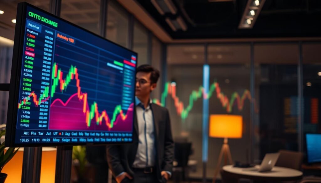 A colorful, detailed crypto exchange heat map, displayed prominently in the foreground, showcasing vibrant, fluctuating colors representing market activity. The heat map features different cryptocurrencies, each depicted in distinct hues ranging from red to green, indicating price changes. In the middle ground, a professional businessperson dressed in smart casual attire, attentively studying the heat map on a large digital screen, with focused expression. The background shows a modern office environment, softly lit with a warm glow, enhancing the atmosphere of concentration and analysis. The scene is captured from a slightly elevated angle, providing a clear view of both the heat map and the individual. Overall, the mood conveys professionalism and the dynamic nature of the cryptocurrency market. A colorful, detailed crypto exchange heat map, displayed prominently in the foreground, showcasing vibrant, fluctuating colors representing market activity. The heat map features different cryptocurrencies, each depicted in distinct hues ranging from red to green, indicating price changes. In the middle ground, a professional businessperson dressed in smart casual attire, attentively studying the heat map on a large digital screen, with focused expression. The background shows a modern office environment, softly lit with a warm glow, enhancing the atmosphere of concentration and analysis. The scene is captured from a slightly elevated angle, providing a clear view of both the heat map and the individual. Overall, the mood conveys professionalism and the dynamic nature of the cryptocurrency market.
