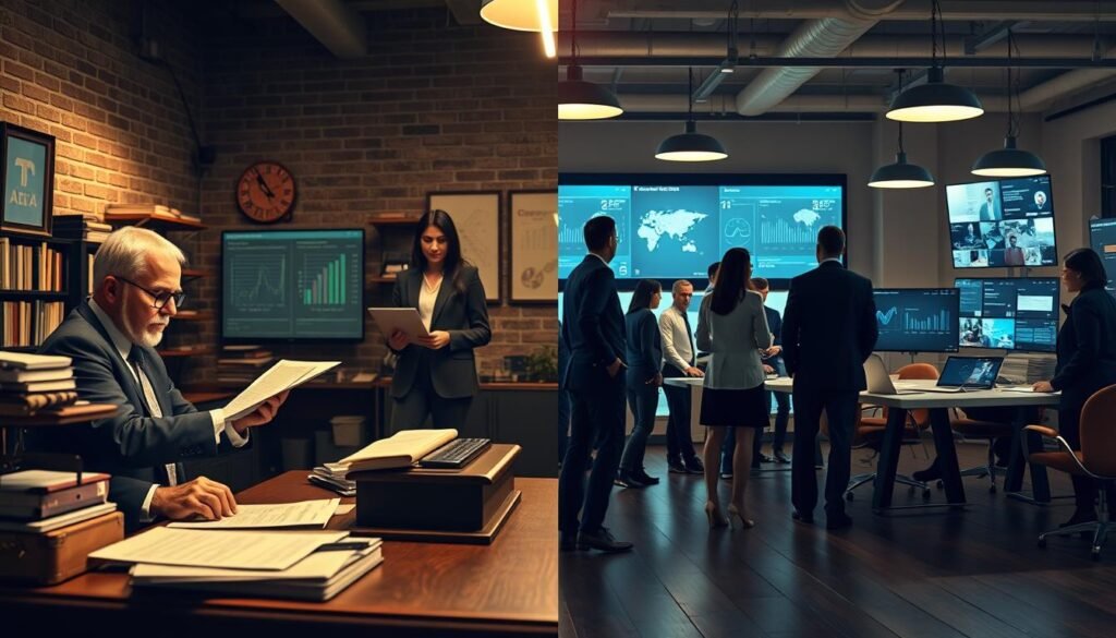 A compelling visual representation contrasting traditional and modern credit models. In the foreground, a traditional credit model scene featuring a banker at a wooden desk, reviewing paper files and ledgers, illuminated by warm, vintage lighting. On the left side, show a modern credit model with a diverse team of professionals in smart business attire, gathered around a sleek digital interface displaying AI-driven credit scoring metrics. The background should transition from an old-fashioned banking office setting with brick walls to a bright, dynamic tech office filled with digital screens and data visualizations. The atmosphere should evoke a sense of innovation and progress, blending the past and future of credit scoring. Use a slightly wide-angle lens to capture both scenes while maintaining focus.