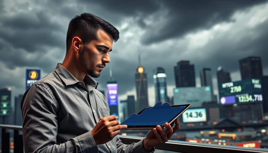 A compelling visualization of a cryptocurrency bear market. In the foreground, depict a professional businessperson in a modest casual outfit, looking thoughtfully at a downward trend graph displayed on a tablet. In the middle ground, show a futuristic city skyline with digital billboards featuring fluctuating cryptocurrency prices. The background should include a stormy sky, casting dramatic shadows, symbolizing uncertainty and instability in the financial markets. Use moody, dim lighting to create a somber atmosphere, emphasizing the struggle during this market phase. The angle should be slightly elevated, focusing on the professional and the graph, conveying a sense of contemplation and strategy amidst the challenges of the bear market. A compelling visualization of a cryptocurrency bear market. In the foreground, depict a professional businessperson in a modest casual outfit, looking thoughtfully at a downward trend graph displayed on a tablet. In the middle ground, show a futuristic city skyline with digital billboards featuring fluctuating cryptocurrency prices. The background should include a stormy sky, casting dramatic shadows, symbolizing uncertainty and instability in the financial markets. Use moody, dim lighting to create a somber atmosphere, emphasizing the struggle during this market phase. The angle should be slightly elevated, focusing on the professional and the graph, conveying a sense of contemplation and strategy amidst the challenges of the bear market.