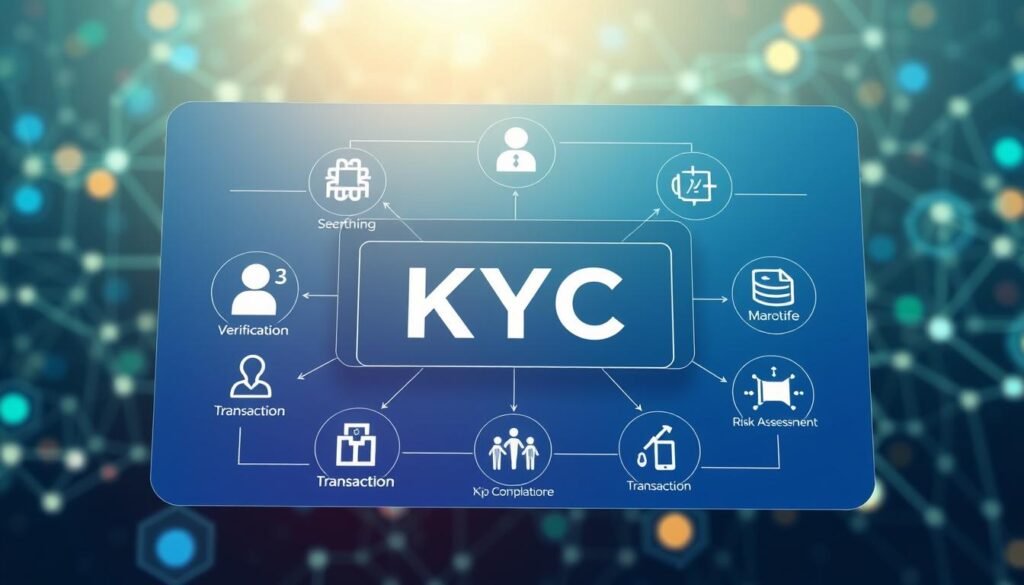 A comprehensive KYC compliance framework illustrated as an intricate, multi-layered diagram. In the foreground, depict essential components such as identity verification, transaction monitoring, and risk assessment, represented with sleek icons and visual metaphors. In the middle, connect these elements with lines or arrows that represent the flow of data and compliance processes, utilizing a color palette of blue, green, and gray for a modern, tech-oriented aesthetic. The background should consist of a subtle digital network pattern, evoking a sense of security and innovation, enhanced by soft ambient lighting to create a professional atmosphere. The angle should be slightly tilted to give depth, with a focus on clarity and organization, embodying the concept of AI-enhanced measures within the crypto KYC landscape.
