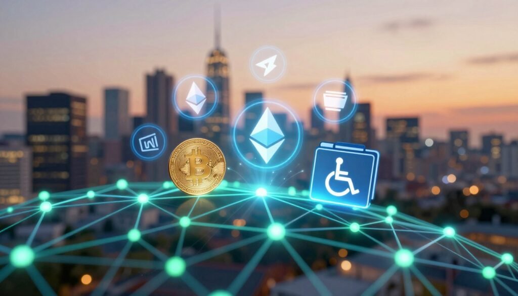 A comprehensive overview of blockchain technology, visually represented with a prominent digital blockchain network in the foreground, featuring interconnected nodes glowing in blue and green hues. In the middle, display abstract, holographic icons symbolizing cryptocurrencies like Bitcoin and Ethereum, as well as visual representations of disability benefits such as a wheelchair symbol integrated into a digital wallet. The background should show a city skyline at dusk, bathed in soft, warm lighting, creating a harmonious contrast with the vivid colors of the blockchain network. Use a slight tilt-up angle for a dynamic perspective, enhancing the sense of innovation and accessibility. The overall mood should be optimistic and forward-thinking, emphasizing inclusivity in the realm of finance and technology.