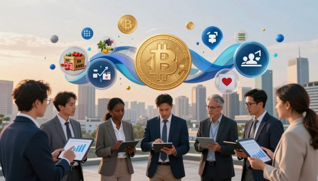 A conceptual illustration depicting the landscape of crypto donations. In the foreground, a diverse group of professionals in business attire engages in conversation, analyzing charts and graphs on digital tablets. The middle ground features a large, stylized blockchain graphic, symbolizing various cryptocurrencies, intertwined with images of charitable causes like food banks and medical aid. In the background, a futuristic city skyline is subtly illuminated by sunset lighting, conveying hope and innovation. The atmosphere is dynamic and collaborative, with a focus on progress in charitable giving through cryptocurrency. Use a wide-angle lens to capture depth and a vibrant color palette to evoke optimism and trust in the evolving landscape of crypto donations. A conceptual illustration depicting the landscape of crypto donations. In the foreground, a diverse group of professionals in business attire engages in conversation, analyzing charts and graphs on digital tablets. The middle ground features a large, stylized blockchain graphic, symbolizing various cryptocurrencies, intertwined with images of charitable causes like food banks and medical aid. In the background, a futuristic city skyline is subtly illuminated by sunset lighting, conveying hope and innovation. The atmosphere is dynamic and collaborative, with a focus on progress in charitable giving through cryptocurrency. Use a wide-angle lens to capture depth and a vibrant color palette to evoke optimism and trust in the evolving landscape of crypto donations.