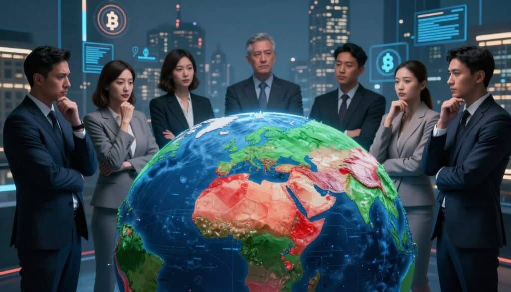 A conceptual illustration depicting the theme of "Regulatory Challenges and Geographic Limitations" related to cryptocurrency. In the foreground, a modern globe with digitally rendered maps highlighting various countries in red and green shades, symbolizing restrictions and permissions. In the middle ground, a diverse group of professionals in business attire, looking thoughtfully at the globe, representing different regions affected by crypto regulations. The background features a skyline of a city with a digital overlay of blockchain symbols and legal documents, adding a sense of urgency and complexity to the scene. Use soft, dramatic lighting to create shadows, highlighting the professionals’ expressions of concern and determination. The mood should be serious yet hopeful, emphasizing the ongoing struggle against regulatory barriers. A conceptual illustration depicting the theme of "Regulatory Challenges and Geographic Limitations" related to cryptocurrency. In the foreground, a modern globe with digitally rendered maps highlighting various countries in red and green shades, symbolizing restrictions and permissions. In the middle ground, a diverse group of professionals in business attire, looking thoughtfully at the globe, representing different regions affected by crypto regulations. The background features a skyline of a city with a digital overlay of blockchain symbols and legal documents, adding a sense of urgency and complexity to the scene. Use soft, dramatic lighting to create shadows, highlighting the professionals’ expressions of concern and determination. The mood should be serious yet hopeful, emphasizing the ongoing struggle against regulatory barriers.