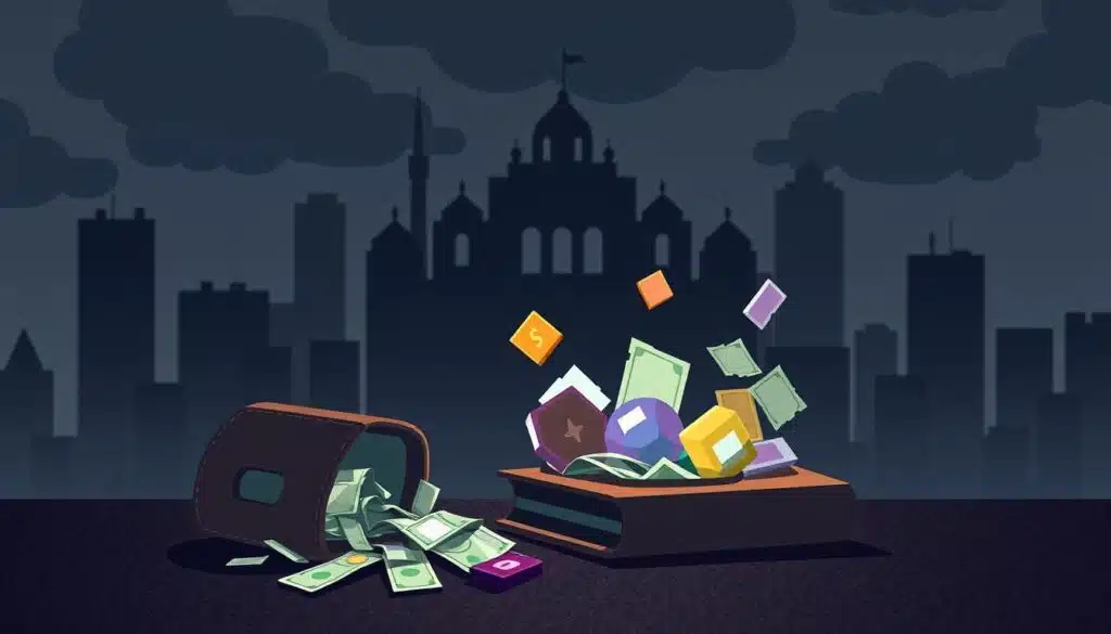 A conceptual illustration explaining the idea of an NFT rug pull. In the foreground, a stylized digital wallet is depicted, with money spilling out, symbolizing loss. In the middle ground, there are abstract representations of NFTs appearing like colorful, vibrant collectibles, some of which are torn or fraying at the edges, indicating deceit. The background features a dark, moody cityscape with looming shadows, evoking a sense of caution and alertness. Soft, ambient lighting highlights the wallet and NFTs, casting dramatic shadows to emphasize tension. The atmosphere feels precarious, capturing the risks associated with NFT investments, and evokes a sense of urgency to understand this concept clearly.