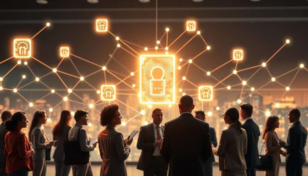 A conceptual illustration of blockchain technology in the nonprofit sector, featuring a digital network of interconnected blocks symbolizing data transparency and security. In the foreground, diverse professionals in business attire are engaged in discussion, showcasing collaboration and innovation. The middle ground displays a glowing blockchain network with visual elements like nodes and chains, representing technology's foundation. The background should include an abstract representation of a city skyline or community service environments, emphasizing the global impact of blockchain. Use soft, ambient lighting to create a hopeful and inspiring mood, with a wide-angle perspective to capture the depth of the scene. The overall atmosphere conveys empowerment and transformative potential in the nonprofit sector. A conceptual illustration of blockchain technology in the nonprofit sector, featuring a digital network of interconnected blocks symbolizing data transparency and security. In the foreground, diverse professionals in business attire are engaged in discussion, showcasing collaboration and innovation. The middle ground displays a glowing blockchain network with visual elements like nodes and chains, representing technology's foundation. The background should include an abstract representation of a city skyline or community service environments, emphasizing the global impact of blockchain. Use soft, ambient lighting to create a hopeful and inspiring mood, with a wide-angle perspective to capture the depth of the scene. The overall atmosphere conveys empowerment and transformative potential in the nonprofit sector.
