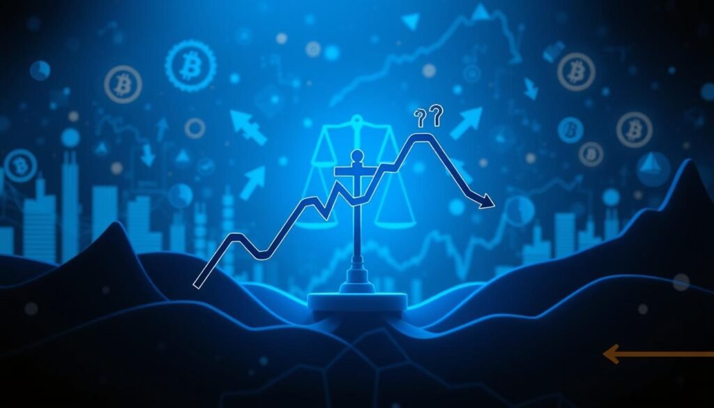 A conceptual illustration of pairs trading key concepts in the context of cryptocurrency. In the foreground, two stylized graphs—one representing a rising crypto asset and the other a declining asset—intertwine, showcasing their relationship. The middle ground features symbols of balance, such as scales and arrows, emphasizing the market-neutral strategy. In the background, a digital landscape filled with abstract representations of cryptocurrencies, trading charts, and blockchain motifs creates a high-tech atmosphere. The lighting is soft yet focused, highlighting the graphs with a cool blue hue, suggesting a calm yet analytical mood. The angle is slightly tilted to add dynamism, capturing the essence of strategy and analysis in the crypto market.