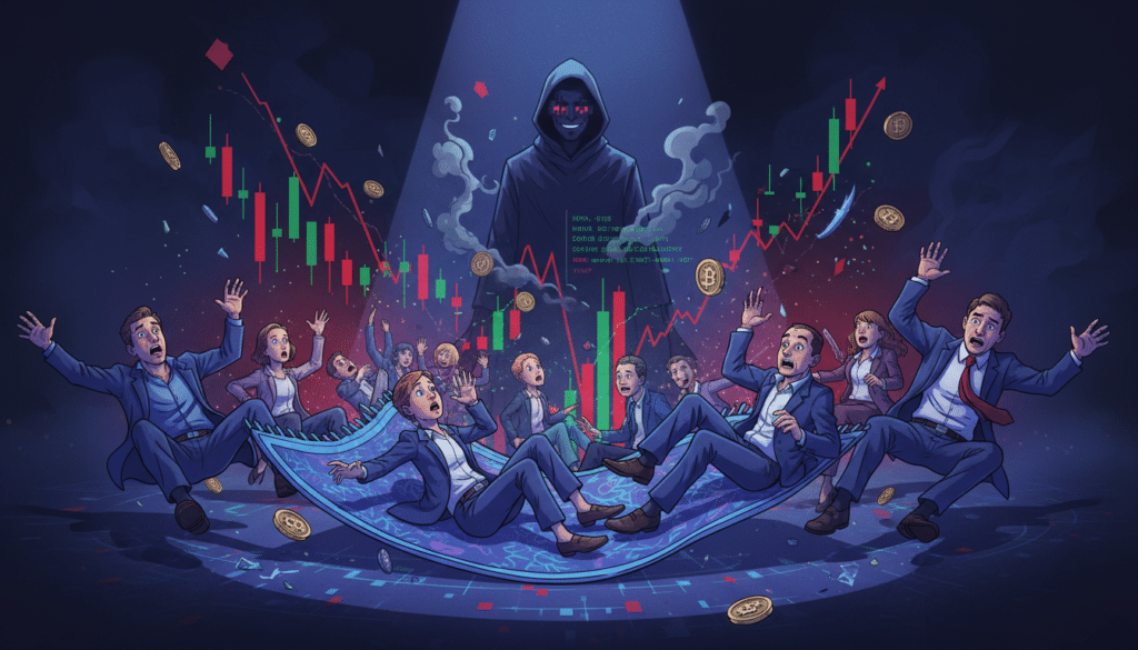 A conceptual illustration of the term "rug pull" in the cryptocurrency space. In the foreground, a stylized digital rug being pulled out from under a group of small, confused investors, depicted as diverse individuals in professional business attire, looking worried and surprised. The middle layer features a chaotic cryptocurrency market scene with fluctuating graphs and digital coins, symbolizing instability. In the background, a ghostly figure representing an anonymous developer, partially hidden in shadow, watches the chaos unfold. The lighting is dramatic, with a spotlight on the investors, creating a sense of tension, while the background remains darker. The atmosphere is intense and suspenseful, reflecting the anxiety of impending loss in the crypto market. A conceptual illustration of the term "rug pull" in the cryptocurrency space. In the foreground, a stylized digital rug being pulled out from under a group of small, confused investors, depicted as diverse individuals in professional business attire, looking worried and surprised. The middle layer features a chaotic cryptocurrency market scene with fluctuating graphs and digital coins, symbolizing instability. In the background, a ghostly figure representing an anonymous developer, partially hidden in shadow, watches the chaos unfold. The lighting is dramatic, with a spotlight on the investors, creating a sense of tension, while the background remains darker. The atmosphere is intense and suspenseful, reflecting the anxiety of impending loss in the crypto market.