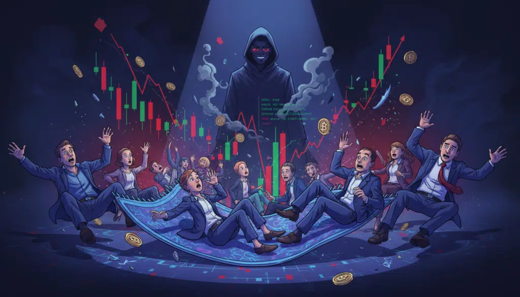 A conceptual illustration of the term "rug pull" in the cryptocurrency space. In the foreground, a stylized digital rug being pulled out from under a group of small, confused investors, depicted as diverse individuals in professional business attire, looking worried and surprised. The middle layer features a chaotic cryptocurrency market scene with fluctuating graphs and digital coins, symbolizing instability. In the background, a ghostly figure representing an anonymous developer, partially hidden in shadow, watches the chaos unfold. The lighting is dramatic, with a spotlight on the investors, creating a sense of tension, while the background remains darker. The atmosphere is intense and suspenseful, reflecting the anxiety of impending loss in the crypto market.