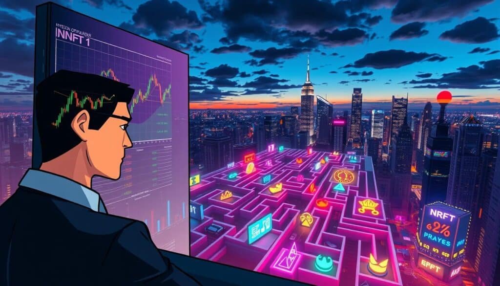A conceptually rich illustration depicting "NFT exit traps." In the foreground, a stylized figure dressed in professional business attire, looking contemplative, scrutinizes a digital screen displaying fluctuating NFT market graphs. In the middle ground, various colorful NFT artworks appear like a maze, some enticing but others designed as visual traps, perhaps with warning symbols or shadows indicating risks. The background shows a vibrant city skyline at dusk, bathed in dynamic lighting that reflects uncertainty—shadows and bright neon lights juxtaposing the allure and danger of NFT investments. The atmosphere captures tension and contemplation, emphasizing the critical decision-making involved in navigating NFT exits, while using a wide-angle lens to create depth and intrigue.