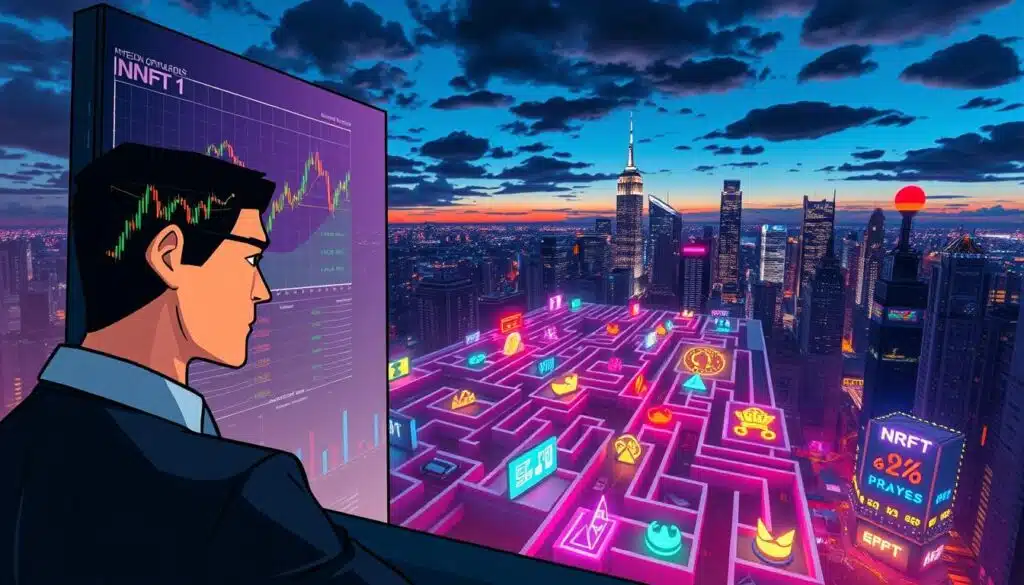 A conceptually rich illustration depicting "NFT exit traps." In the foreground, a stylized figure dressed in professional business attire, looking contemplative, scrutinizes a digital screen displaying fluctuating NFT market graphs. In the middle ground, various colorful NFT artworks appear like a maze, some enticing but others designed as visual traps, perhaps with warning symbols or shadows indicating risks. The background shows a vibrant city skyline at dusk, bathed in dynamic lighting that reflects uncertainty—shadows and bright neon lights juxtaposing the allure and danger of NFT investments. The atmosphere captures tension and contemplation, emphasizing the critical decision-making involved in navigating NFT exits, while using a wide-angle lens to create depth and intrigue.