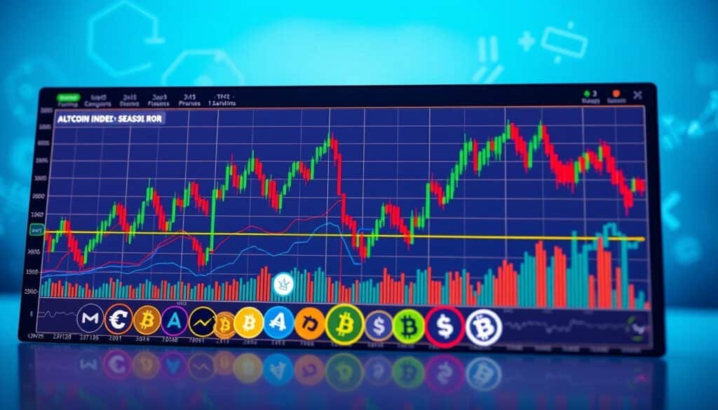 A detailed altcoin season index chart displayed prominently in the foreground, showcasing colorful line graphs and candlestick patterns with varying shades of green, red, and blue to indicate market fluctuations. In the middle ground, stylized representations of various altcoins with their logos, subtly integrated into the design, enhance the visual narrative. The background features a soft gradient of blue and white, suggesting a digital or technological theme, with faint outlines of financial symbols for added context. The chart is illuminated by a cool, even lighting that emphasizes clarity and precision. The overall mood conveys a sense of anticipation and analysis, perfect for illustrating key market trends in altcoin rotations, with a professional and engaging aesthetic.