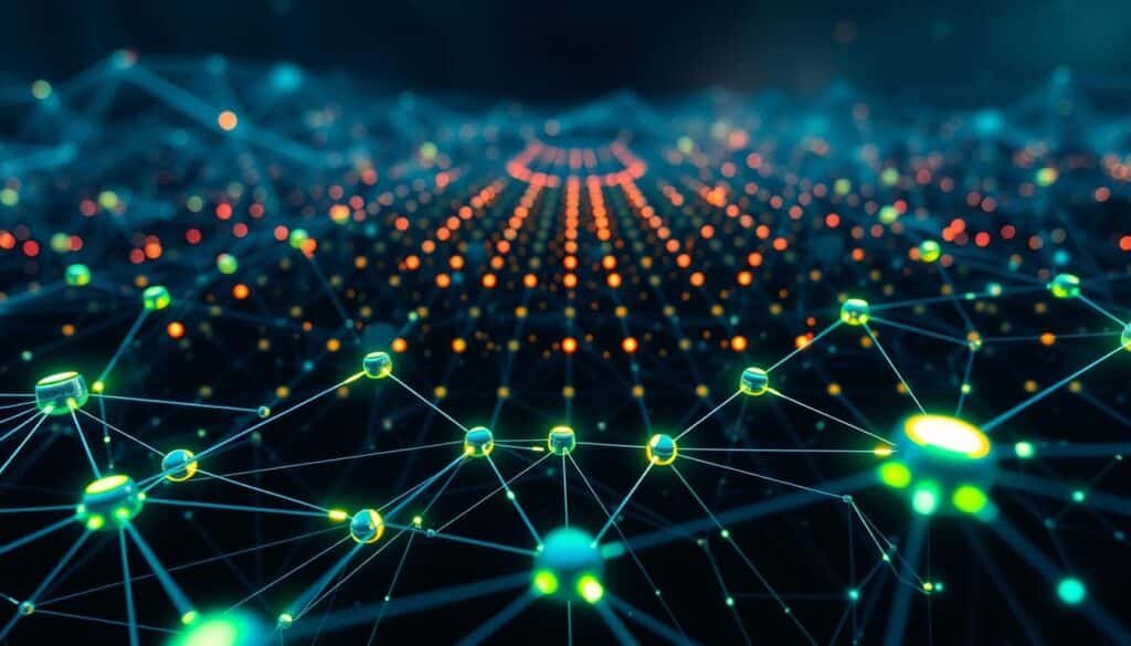 A detailed and dynamic representation of data routing in mesh networks. In the foreground, interconnected nodes with glowing links symbolize data flow, illustrated with luminous lines that pulse in various colors. The middle ground features a 3D grid of interconnected devices, showcasing the decentralized nature of blockchain mesh networks. The background consists of a dark, digital landscape dotted with circuits and abstract shapes, suggesting infinite connectivity. The scene is illuminated by ambient light, creating a tech-inspired atmosphere, with cool blues and greens predominating. The composition is shot from a low angle, emphasizing the complexity and depth of the network, evoking a sense of innovation and modernity in the field of blockchain technology. The overall mood conveys a blend of complexity and clarity.