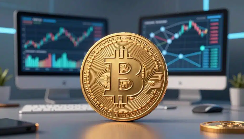 A detailed and engaging illustration depicting the concept of Bitcoin divisibility and Satoshi. In the foreground, a close-up of a digital representation of a Bitcoin coin, partially sliced to reveal smaller fractions, symbolizing its divisibility. The middle ground features a sleek, modern financial workspace with a computer screen showing fluctuating cryptocurrency charts. The background includes abstract representations of blockchain technology, such as interconnected nodes and chains. Soft, ambient lighting creates a professional atmosphere, enhancing the focus on the Bitcoin details. A subtle depth of field effect blurs the background slightly, keeping attention on the coin and work environment. Overall, the image should convey a sense of innovation and accessibility in the world of fractional Bitcoin investment. A detailed and engaging illustration depicting the concept of Bitcoin divisibility and Satoshi. In the foreground, a close-up of a digital representation of a Bitcoin coin, partially sliced to reveal smaller fractions, symbolizing its divisibility. The middle ground features a sleek, modern financial workspace with a computer screen showing fluctuating cryptocurrency charts. The background includes abstract representations of blockchain technology, such as interconnected nodes and chains. Soft, ambient lighting creates a professional atmosphere, enhancing the focus on the Bitcoin details. A subtle depth of field effect blurs the background slightly, keeping attention on the coin and work environment. Overall, the image should convey a sense of innovation and accessibility in the world of fractional Bitcoin investment.