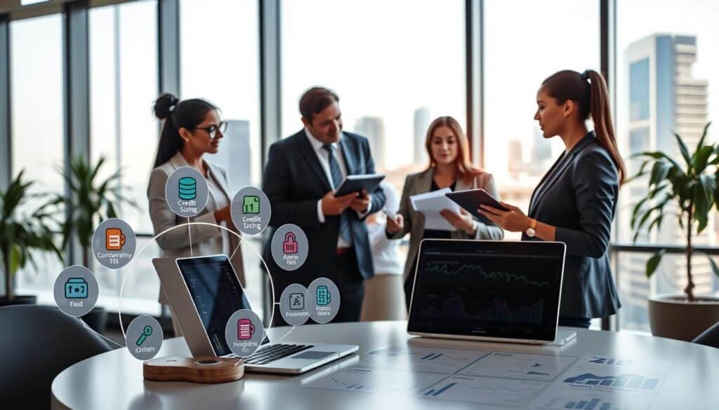 A detailed and informative illustration of the key components of risk management in digital lending, showcasing a sleek office environment. In the foreground, a round table displays prominent icons representing risk assessment, credit scoring, compliance checks, and fraud detection, with a laptop open displaying data analytics. In the middle, diverse professionals in business attire actively engage in discussion, holding digital tablets and analyzing graphs and charts that reflect AI and crypto lending metrics. The background features a large window revealing a city skyline, symbolizing innovation and technology. Soft natural lighting fills the room, creating a focused atmosphere, with a slightly blurred depth of field emphasizing the professionals’ collaboration.