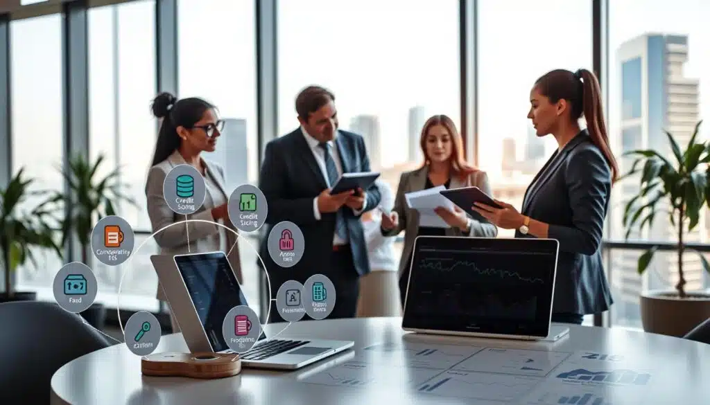 A detailed and informative illustration of the key components of risk management in digital lending, showcasing a sleek office environment. In the foreground, a round table displays prominent icons representing risk assessment, credit scoring, compliance checks, and fraud detection, with a laptop open displaying data analytics. In the middle, diverse professionals in business attire actively engage in discussion, holding digital tablets and analyzing graphs and charts that reflect AI and crypto lending metrics. The background features a large window revealing a city skyline, symbolizing innovation and technology. Soft natural lighting fills the room, creating a focused atmosphere, with a slightly blurred depth of field emphasizing the professionals’ collaboration.