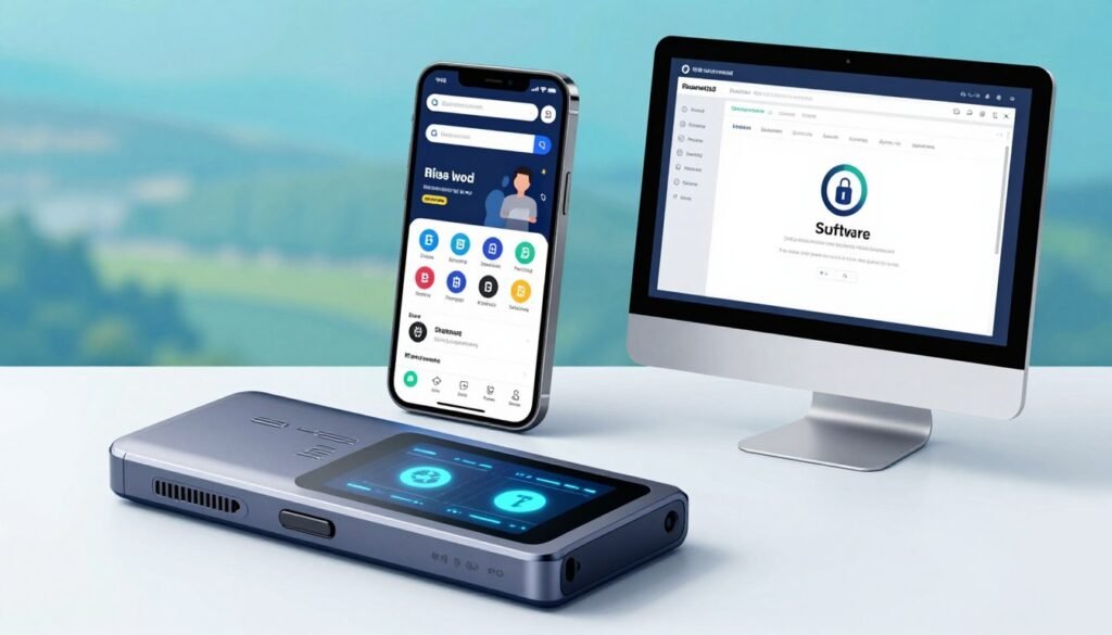 A detailed and informative illustration of various types of crypto wallets, designed to showcase the concept of secure storage solutions. In the foreground, feature a sleek hardware wallet, which resembles a modern USB device, with a glowing screen displaying digital currency symbols. In the middle ground, include a smartphone showing a user-friendly mobile wallet interface, with icons representing different cryptocurrencies. To the side, depict a desktop computer screen displaying a sophisticated software wallet application. The background should feature a subtle digital landscape, with soft blue and green hues to evoke a sense of technology and security. Use bright, diffused lighting to highlight the wallets and create a clean, professional atmosphere, suggesting safety in crypto management.