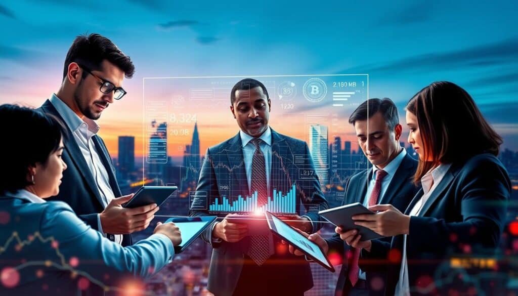 A detailed and professional depiction of cryptocurrency market microstructure. In the foreground, display a diverse group of business professionals, dressed in smart business attire, engaging in deep discussions while analyzing data on digital tablets and laptops. In the middle layer, illustrate a transparent digital screen filled with intricate charts, graphs, and algorithms representing market trends and trading activity. The background should feature a stylized cityscape with futuristic buildings, symbolizing the modern digital economy, under a twilight sky that casts a soft glow, creating an innovative atmosphere. Use vibrant yet balanced colors, and ensure the lighting highlights the professionals' focused expressions, emphasizing the excitement and complexity of the cryptocurrency market. Capture the essence of technology, finance, and collaboration in the digital age.