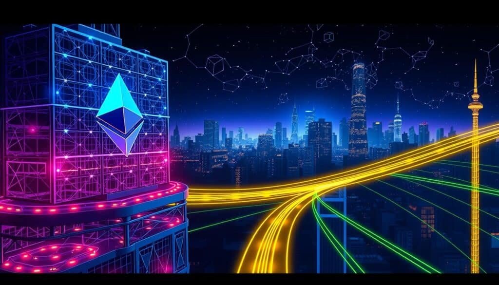 A detailed and vibrant illustration depicting the architectural features of Ethereum and Solana. In the foreground, display Ethereum’s intricate blockchain nodes represented as glowing, interconnected blocks with a blue and purple color palette. In the middle, present Solana's high-speed transaction pathways, visualized as streamlined, dynamic lines in bright green and gold tones, showcasing efficiency and speed. The background should feature a stylized city skyline representing the thriving ecosystems of both networks, with a night sky illuminated by digital art resembling data flows and transactions. Use dramatic lighting with a focus on contrast to create depth, and a low-angle perspective to emphasize the grandeur of the structures. The overall mood should feel innovative and futuristic, inviting readers to explore the potentials of both technologies.