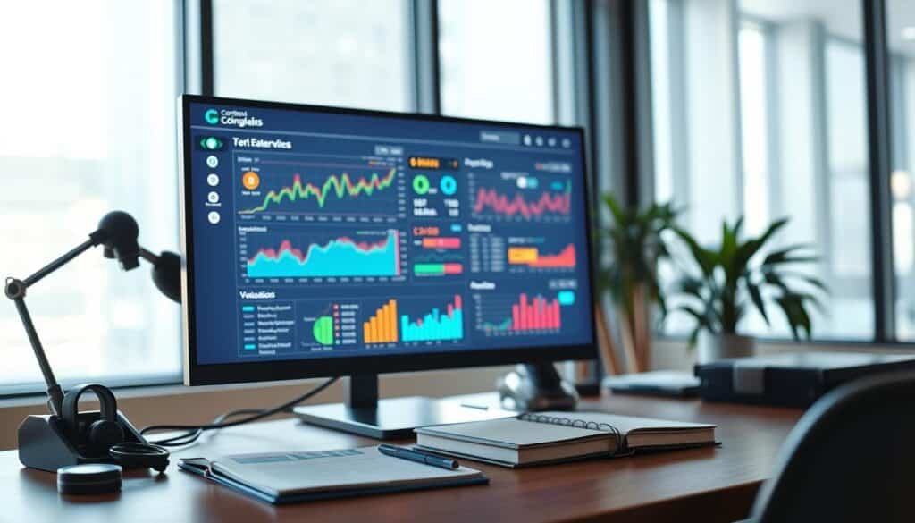 A detailed and vibrant representation of the CoinGlass platform data dashboard, prominently featuring sleek, modern user interface elements displaying cryptocurrency analytics, including price charts, trading volumes, and market trends. In the foreground, a clean, high-tech computer screen glows softly, showcasing dynamic graphs and colorful data visualizations. The middle layer captures the desk space, featuring a stylish monitor, a notebook, and cryptocurrency-related accessories in a clutter-free environment. The background should have a softly blurred office setting, with ambient light filtering in from a large window, casting gentle shadows. The overall atmosphere should convey professionalism and innovation, inviting viewers to engage with the world of crypto analysis. Bright yet balanced lighting enhances the dashboard's clarity, captured with a slight wide-angle perspective to encompass the entire scene.