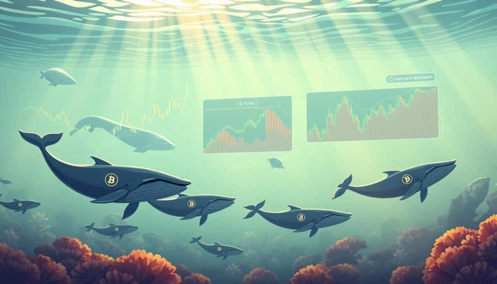 A detailed and visually engaging digital illustration depicting the concept of "crypto whale accumulation and distribution." In the foreground, several stylized whale figures gracefully swimming, each with subtle digital motifs representing cryptocurrencies, giving a sense of wealth and power. In the middle ground, visualizations of fluctuating graphs and charts in vibrant colors, showcasing accumulation and distribution signals, intertwined with ocean waves symbolizing market dynamics. The background features a serene underwater setting with light beams breaking through the surface, creating a tranquil yet dynamic atmosphere. The overall mood should be optimistic and insightful, conveying the importance of understanding whale activities in the crypto market. Use soft, warm lighting to enhance the visualization, and maintain a clear focus on the central theme without any text or branding elements.