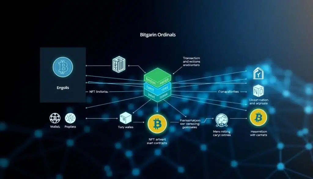 A detailed diagram illustrating the Bitcoin Ordinals protocol, focusing on its key components like transaction layers, NFT minting process, and inscriptions. In the foreground, show clear icons representing Bitcoin symbols, blocks, and NFT artwork. The middle layer features interconnecting lines demonstrating data flow between wallets, smart contracts, and blockchain activity, depicted in vibrant blue and green tones to represent technology. The background should be a subtle, abstract representation of a blockchain network, with a gradient of dark to light blue for depth. Use soft, ambient lighting to highlight the elements, and a wide-angle perspective for a comprehensive view. The mood should be informative and engaging, capturing the essence of the NFT landscape within Bitcoin.