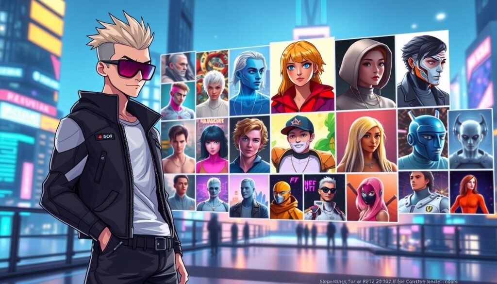 A detailed digital artwork illustrating the concept of NFT profile pictures (PFP) for beginners. In the foreground, a sleek, futuristic digital avatar stands confidently, wearing modern, stylish clothing, showcasing unique design traits that symbolize creativity and individuality. The middle ground features a colorful collage of various NFT profile pictures, each with distinct artistic styles, including pixel art, 3D renderings, and abstract representations. In the background, a bright, tech-inspired cityscape is visible, with dynamic lighting highlighting the digital nature of NFTs. The atmosphere is vibrant and engaging, with a sense of innovation and community. Use soft lighting to enhance the colors and create an inviting vibe. The image should focus on clarity and visual impact without any text or logos. A detailed digital artwork illustrating the concept of NFT profile pictures (PFP) for beginners. In the foreground, a sleek, futuristic digital avatar stands confidently, wearing modern, stylish clothing, showcasing unique design traits that symbolize creativity and individuality. The middle ground features a colorful collage of various NFT profile pictures, each with distinct artistic styles, including pixel art, 3D renderings, and abstract representations. In the background, a bright, tech-inspired cityscape is visible, with dynamic lighting highlighting the digital nature of NFTs. The atmosphere is vibrant and engaging, with a sense of innovation and community. Use soft lighting to enhance the colors and create an inviting vibe. The image should focus on clarity and visual impact without any text or logos.