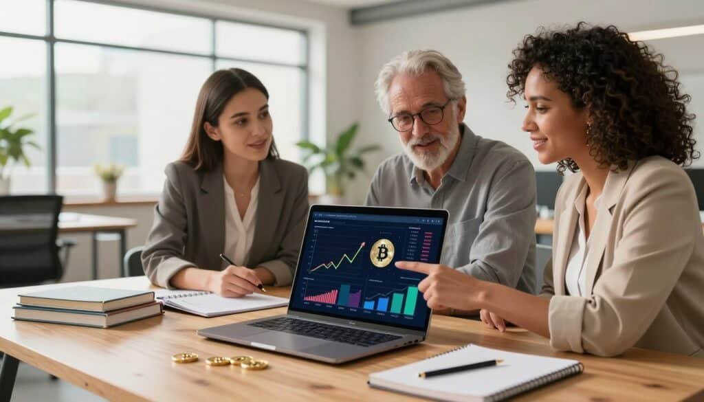 A detailed digital illustration of a cryptocurrency education savings portfolio. In the foreground, a laptop is open on a sleek wooden desk, displaying colorful graphs and charts related to various cryptocurrencies, surrounded by educational materials like textbooks and a notepad. In the middle, a diverse group of three individuals—a young woman in professional attire, an older man in casual business wear, and a middle-aged woman dressed smartly—are engaged in an animated discussion, pointing at the laptop screen. In the background, a bright, modern office space with large windows letting in natural light, creating a warm, inviting atmosphere. The scene captures the essence of learning about cryptocurrency as a savings tool for higher education, with a focus on collaboration and growth.