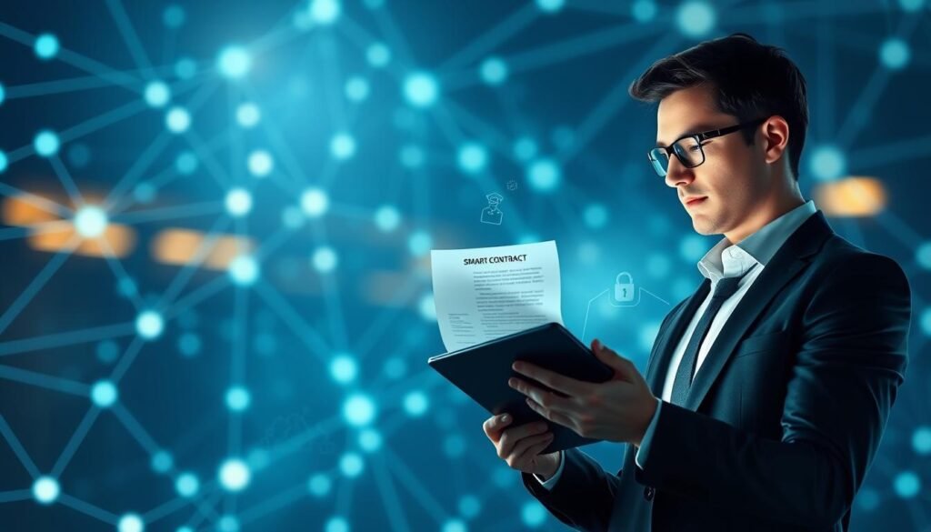 A detailed digital illustration of "smart contract fundamentals" featuring an abstract representation of a blockchain network as the background, with nodes and interconnected lines glowing softly in shades of blue and green. In the foreground, a stylized smart contract document appears, partially translucent, symbolizing the digital nature of contracts. A professional-looking person in business attire is analyzing the contract on a sleek tablet, focused and engaged. The middle ground includes subtle icons and graphics illustrating key concepts like verification, security, and automation. The scene is bathed in ambient lighting, creating a modern, high-tech atmosphere, with a slight depth of field effect to emphasize the subject matter.