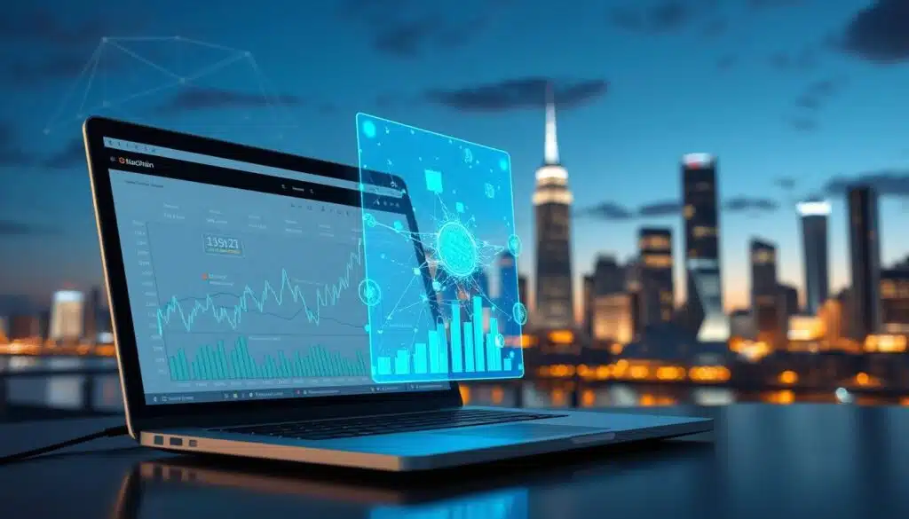 A detailed digital illustration representing on-chain analysis of blockchain data. In the foreground, visualize a sleek laptop displaying dynamic blockchain graphs and trends, with an analytical software interface indicating real-time data analysis. In the middle, depict a transparent holographic display with flowing blockchain transactions and data points in vibrant colors, such as blue and green, symbolizing connectivity and insight. The background features a futuristic cityscape at dusk, with glowing lights and skyscrapers, symbolizing the merging of technology and finance. Soft ambient lighting creates a professional atmosphere, emphasizing the importance of data analysis in today’s market, shot from a slightly elevated angle to capture depth and scale.