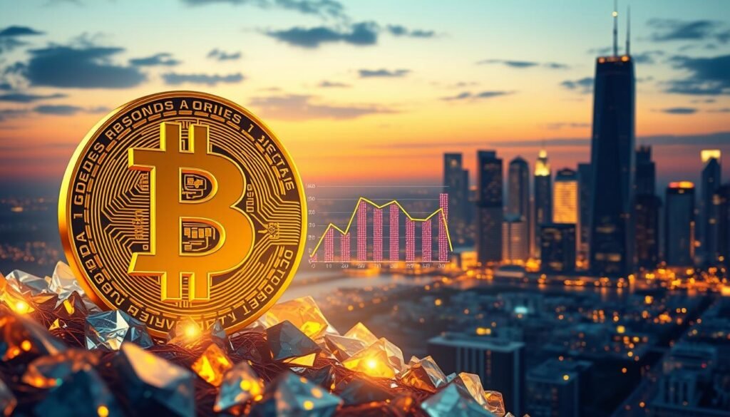 A detailed digital illustration representing the concept of "bitcoin halving supply reduction." In the foreground, a large, golden Bitcoin symbol surrounded by shards of gemstones symbolizing value and wealth. In the middle ground, stylized graphics of a decreasing supply chart and lines radiating outwards, suggesting a dynamic and transformative process. The background features a city skyline at dusk with a network of glowing circuit patterns, representing the intersection of technology and finance. Soft blue and gold tones dominate the color palette, illuminated by ambient lighting to create a futuristic and optimistic atmosphere. The composition should evoke a sense of growth and new possibilities through AI and cryptocurrency, captured with a slightly angled perspective for depth and engagement.