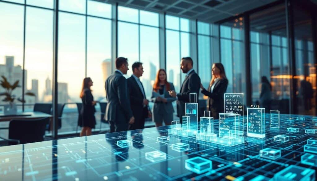 A detailed, high-tech illustration of a blockchain fundamentals ledger, set in a futuristic office environment. In the foreground, a sleek, transparent digital ledger interface displays interconnected blocks, each representing data transactions. In the middle ground, a diverse group of professionals in business attire collaborate around a holographic display, analyzing the blockchain data. The background features a modern cityscape through large windows, with soft blue and green lighting casting a tech-savvy atmosphere. The entire scene is captured from a low angle, emphasizing the importance of technology. The overall mood conveys innovation and collaboration in the telecom industry, highlighting the power and potential of blockchain technology without any text or overlays. A detailed, high-tech illustration of a blockchain fundamentals ledger, set in a futuristic office environment. In the foreground, a sleek, transparent digital ledger interface displays interconnected blocks, each representing data transactions. In the middle ground, a diverse group of professionals in business attire collaborate around a holographic display, analyzing the blockchain data. The background features a modern cityscape through large windows, with soft blue and green lighting casting a tech-savvy atmosphere. The entire scene is captured from a low angle, emphasizing the importance of technology. The overall mood conveys innovation and collaboration in the telecom industry, highlighting the power and potential of blockchain technology without any text or overlays.