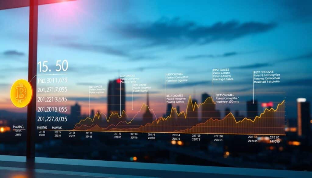 A detailed historical overview of Bitcoin halving events, featuring a timeline illustration. In the foreground, a sleek, modern digital display with a glowing Bitcoin symbol, showcasing key halving dates and statistics, all presented in a visually appealing infographic style. In the middle ground, a series of layered graphs and charts representing Bitcoin price trends over time, with halving events marked prominently, using vibrant colors that convey market volatility. The background features a futuristic city skyline at dusk, with a blend of blues and purples in the sky, symbolizing the technological evolution. Soft, radiant lighting enhances the key elements, creating an engaging and informative atmosphere that reflects innovation and historical significance. The overall composition should be clean, professional, and visually captivating, devoid of any text or signatures.