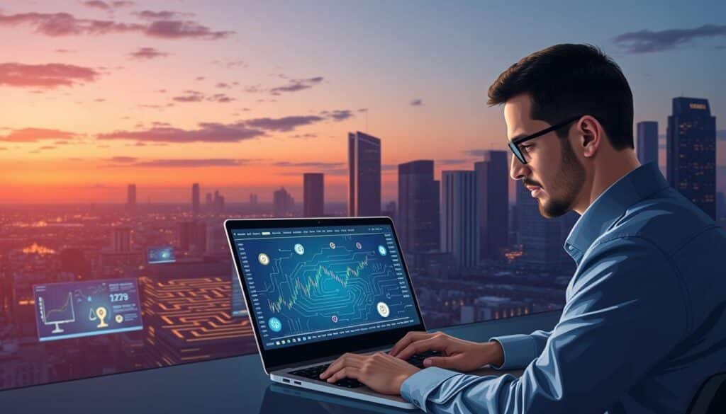 A detailed illustration depicting the concept of "AI crypto regulation risks for investors." In the foreground, a data analyst in professional attire is focused on a laptop displaying complex financial graphs and cryptocurrency symbols, surrounded by digital screens showing regulatory icons like scales and shields. In the middle ground, a stylized representation of a labyrinth formed by circuit patterns symbolizes the complex regulations in the crypto space. The background features a city skyline with skyscrapers, hinting at a bustling financial hub, illuminated by a dusk sky transitioning into night, suggesting uncertainty and risk. Use dramatic lighting to cast interesting shadows and create an atmosphere of tension and intrigue, emphasizing the importance of understanding regulations in this rapidly evolving market. A detailed illustration depicting the concept of "AI crypto regulation risks for investors." In the foreground, a data analyst in professional attire is focused on a laptop displaying complex financial graphs and cryptocurrency symbols, surrounded by digital screens showing regulatory icons like scales and shields. In the middle ground, a stylized representation of a labyrinth formed by circuit patterns symbolizes the complex regulations in the crypto space. The background features a city skyline with skyscrapers, hinting at a bustling financial hub, illuminated by a dusk sky transitioning into night, suggesting uncertainty and risk. Use dramatic lighting to cast interesting shadows and create an atmosphere of tension and intrigue, emphasizing the importance of understanding regulations in this rapidly evolving market.