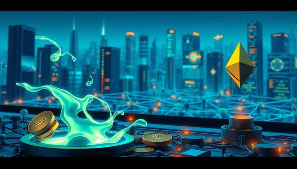 A detailed illustration of Ethereum's gas mechanism, showcasing EVM opcodes in a visually appealing way. In the foreground, a stylized representation of gas and transaction fees, with symbolic elements such as coins and flowing digital energy. The middle ground features a digital blockchain network with interconnected nodes, highlighting opcode symbols like ADD, SUB, and MUL, all glowing with vibrant colors. The background includes a futuristic cityscape with subtle digital screens displaying smart contracts interacting seamlessly. The scene is illuminated with soft blue and green lighting, creating a technological atmosphere. The perspective is slightly elevated, allowing a full view of the intricate details, while maintaining a sense of depth and complexity in the overall composition.