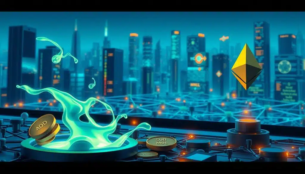 A detailed illustration of Ethereum's gas mechanism, showcasing EVM opcodes in a visually appealing way. In the foreground, a stylized representation of gas and transaction fees, with symbolic elements such as coins and flowing digital energy. The middle ground features a digital blockchain network with interconnected nodes, highlighting opcode symbols like ADD, SUB, and MUL, all glowing with vibrant colors. The background includes a futuristic cityscape with subtle digital screens displaying smart contracts interacting seamlessly. The scene is illuminated with soft blue and green lighting, creating a technological atmosphere. The perspective is slightly elevated, allowing a full view of the intricate details, while maintaining a sense of depth and complexity in the overall composition. A detailed illustration of Ethereum's gas mechanism, showcasing EVM opcodes in a visually appealing way. In the foreground, a stylized representation of gas and transaction fees, with symbolic elements such as coins and flowing digital energy. The middle ground features a digital blockchain network with interconnected nodes, highlighting opcode symbols like ADD, SUB, and MUL, all glowing with vibrant colors. The background includes a futuristic cityscape with subtle digital screens displaying smart contracts interacting seamlessly. The scene is illuminated with soft blue and green lighting, creating a technological atmosphere. The perspective is slightly elevated, allowing a full view of the intricate details, while maintaining a sense of depth and complexity in the overall composition.