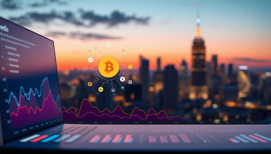 A detailed illustration of Google Trends search interest data centered around cryptocurrencies. In the foreground, depict a sleek digital dashboard displaying vibrant line graphs and bar charts, highlighting fluctuating search interest over time. The middle ground features a stylized depiction of keywords related to cryptocurrency, such as "Bitcoin" and "Ethereum," represented as icons radiating from the graphs. In the background, a soft-focus city skyline at dusk is visible, illuminated by bright lights, conveying a dynamic tech-driven atmosphere. Use soft, warm lighting to create an inviting yet professional mood, and employ a slightly tilted angle to add depth and engagement. The overall aesthetic should be clean, modern, and visually appealing, emphasizing the analytical aspect of Google Trends without any text or distractions. A detailed illustration of Google Trends search interest data centered around cryptocurrencies. In the foreground, depict a sleek digital dashboard displaying vibrant line graphs and bar charts, highlighting fluctuating search interest over time. The middle ground features a stylized depiction of keywords related to cryptocurrency, such as "Bitcoin" and "Ethereum," represented as icons radiating from the graphs. In the background, a soft-focus city skyline at dusk is visible, illuminated by bright lights, conveying a dynamic tech-driven atmosphere. Use soft, warm lighting to create an inviting yet professional mood, and employ a slightly tilted angle to add depth and engagement. The overall aesthetic should be clean, modern, and visually appealing, emphasizing the analytical aspect of Google Trends without any text or distractions.