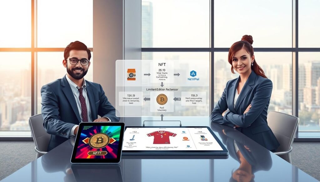 A detailed illustration of NFT physical redemption concept, featuring a diverse group of three professional individuals (two men and one woman) in business attire, gathered around a sleek table in a modern office environment. In the foreground, a digital tablet displays a vibrant NFT artwork alongside a physical item, such as a limited edition sports jersey or a collectible figurine. The middle layer includes a clear infographic diagram explaining the redemption process, with arrows showing connections between NFTs and the physical items. The background features large windows with a cityscape view, letting in soft, natural light that creates an inviting atmosphere. The overall mood is both innovative and professional, emphasizing the intersection of technology and tangible assets. Shot from a slightly elevated angle to capture the arrangement effectively.