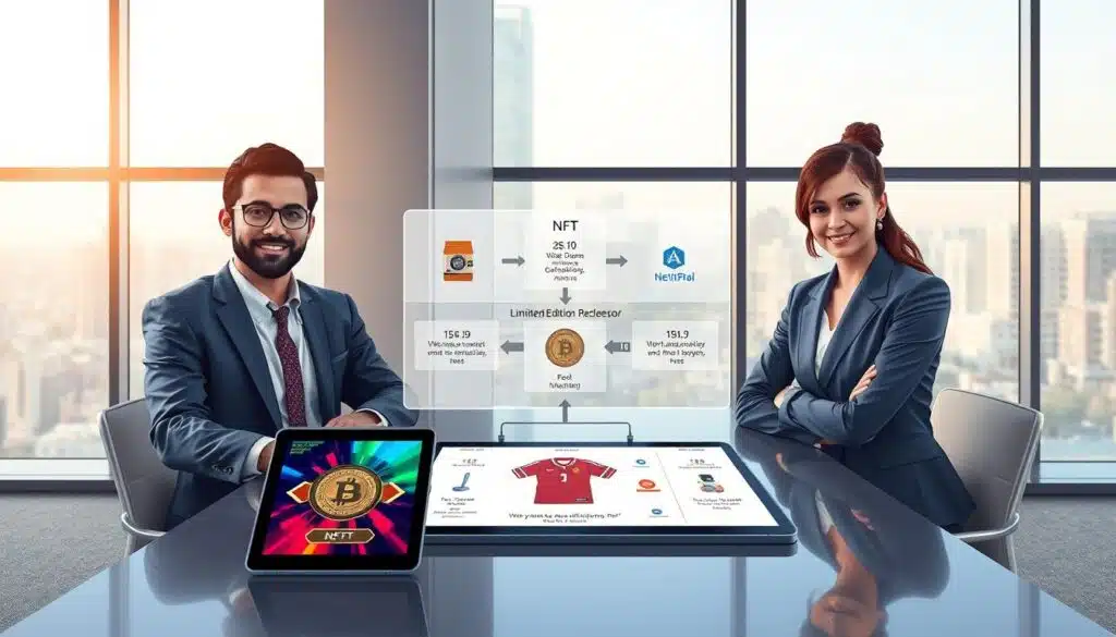 A detailed illustration of NFT physical redemption concept, featuring a diverse group of three professional individuals (two men and one woman) in business attire, gathered around a sleek table in a modern office environment. In the foreground, a digital tablet displays a vibrant NFT artwork alongside a physical item, such as a limited edition sports jersey or a collectible figurine. The middle layer includes a clear infographic diagram explaining the redemption process, with arrows showing connections between NFTs and the physical items. The background features large windows with a cityscape view, letting in soft, natural light that creates an inviting atmosphere. The overall mood is both innovative and professional, emphasizing the intersection of technology and tangible assets. Shot from a slightly elevated angle to capture the arrangement effectively.