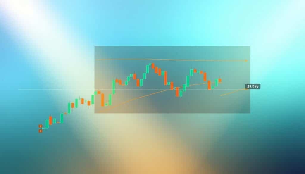 A detailed illustration of a Wyckoff accumulation trading range, featuring a prominent chart with clearly defined phases: the initial decline, consolidation, and subsequent breakout. In the foreground, the chart's candlestick patterns are vibrant and easy to read, showcasing notable price points with emphasis on the accumulation zone. The middle layer introduces elements like technical indicators (e.g., volume bars, moving averages) subtly integrated into the chart. The background includes a soft gradient of blues and greens, creating a sense of calm and focus, while gentle lighting illuminates the chart, highlighting the key areas. The mood is analytical and professional, suitable for a financial discussion. The composition should be balanced and engaging, capturing the essence of technical analysis in cryptocurrency trading.
