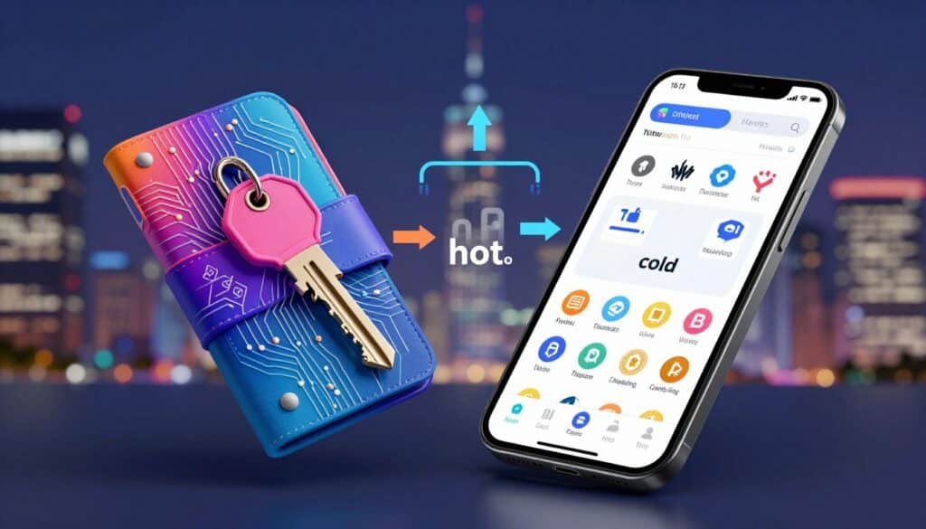 A detailed illustration of a digital crypto wallet, showcasing a vibrant array of crypto keys visually represented as colorful, interconnected digital elements, like circuit board patterns. In the foreground, emphasize a modern smartphone displaying a digital wallet interface filled with various cryptocurrency icons. In the middle ground, place a stylized diagram highlighting the concept of "hot" and "cold" wallets, with arrows and explanatory icons indicating their differences. The background features a blurred cityscape with a futuristic ambiance, conveying the essence of digital finance. Soft, ambient lighting creates a tech-savvy atmosphere, with a slight depth of field effect focusing on the wallet. Aim for a professional, informative mood suitable for a financial article, ensuring clarity and visual engagement without textual elements.