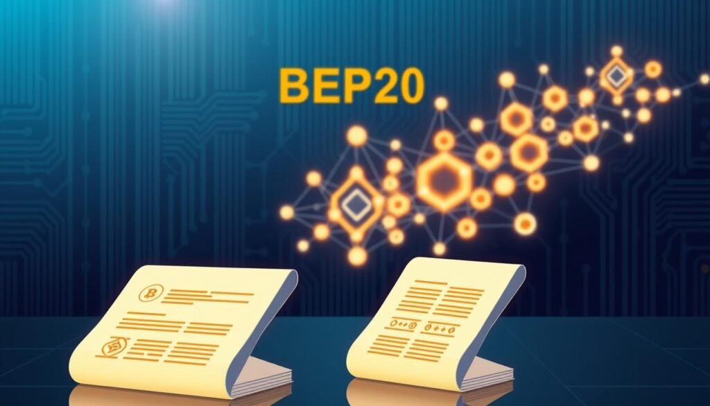 A detailed illustration of the BEP20 token standard functions, featuring a visually engaging design. In the foreground, showcase stylized smart contracts, represented as digital documents with clear, technical symbols and icons symbolizing key functions like transfer, approve, and totalSupply. In the middle, depict an abstract representation of the Binance Smart Chain, with interconnected blockchain nodes glowing softly, emphasizing connectivity and innovation. The background should be a sleek, futuristic digital environment with faint circuit patterns and a blue-toned color palette, suggesting advanced technology. Use subtle lighting to create depth, focusing on a slight lens flare effect to enhance the digital aspect. The overall mood should be professional and educational, inviting viewers to understand the complexities of BEP20 tokens. A detailed illustration of the BEP20 token standard functions, featuring a visually engaging design. In the foreground, showcase stylized smart contracts, represented as digital documents with clear, technical symbols and icons symbolizing key functions like transfer, approve, and totalSupply. In the middle, depict an abstract representation of the Binance Smart Chain, with interconnected blockchain nodes glowing softly, emphasizing connectivity and innovation. The background should be a sleek, futuristic digital environment with faint circuit patterns and a blue-toned color palette, suggesting advanced technology. Use subtle lighting to create depth, focusing on a slight lens flare effect to enhance the digital aspect. The overall mood should be professional and educational, inviting viewers to understand the complexities of BEP20 tokens.