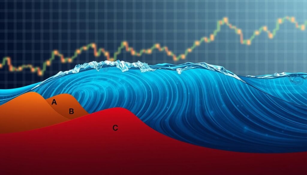 A detailed illustration of the Elliott Wave impulse and corrective structure. In the foreground, feature clear, rising waves labeled with numbers 1 through 5, representing the impulse waves, depicted in vibrant, contrasting colors. The middle ground should depict the corrective waves labeled A, B, and C, visually distinct in softer tones, flowing in a zig-zag pattern. In the background, a subtle grid overlay symbolizes market fluctuations, with soft glowing lights to imply a digital trading environment. Use a clean, analytical lens to emphasize clarity, and maintain a balanced perspective to capture the essence of market movements. The overall mood should convey professionalism and analytical depth, suitable for a trading-focused audience interested in the Elliott Wave theory. No text or overlays should be present.