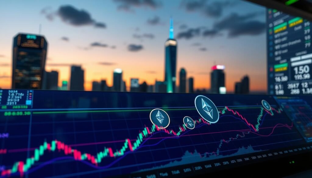 A detailed, informative representation of crypto options strike price expiration, showcasing a digital trading interface in the foreground, featuring candlestick charts and colorful price lines. In the middle ground, illustrate abstract representations of crypto coins like Bitcoin and Ethereum, creatively integrated with the interface. The background should depict a futuristic city skyline at dusk, with glowing digital screens displaying market data, adding a sense of urgency and dynamism. Use dramatic lighting to highlight the charts and coins, creating depth with a focus on blue and green tones. The mood should evoke a sense of anticipation and professionalism, ideal for a financial analysis setting. The perspective should be slightly angled, simulating a trader's view, enhancing the immersive experience.
