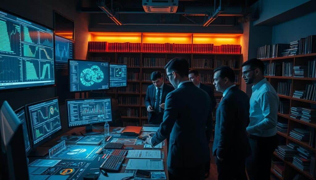 A detailed investigation scene depicting the landscape of crypto crime forensics in a dimly lit room. In the foreground, a diverse group of three professionals dressed in formal business attire, intensely examining screens filled with blockchain data and digital wallets. The middle section features a large table cluttered with charts, graphs, and holographic displays showcasing cryptocurrency transactions and suspicious activities. The background includes shelves lined with books on cybersecurity and forensic analysis, illuminated by warm overhead lighting that casts dramatic shadows. The atmosphere is tense yet focused, conveying the seriousness of uncovering illicit digital activities. A wide-angle perspective captures the complexity of the investigation, emphasizing the blend of technology and human expertise.