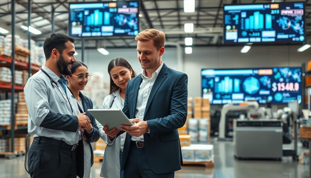 A detailed representation of pharmaceutical supply chain stakeholders in a modern setting. In the foreground, a diverse group of professionals, including a pharmacist, supply chain manager, and quality assurance officer, discuss and analyze data on a digital tablet, all dressed in professional business attire. In the middle ground, a high-tech warehouse displays stacked pharmaceutical packages and automated machinery, illustrating the logistical aspect. In the background, an office environment features large screens displaying blockchain technology graphics and data analytics, symbolizing enhanced visibility. Use bright, natural lighting to create a collaborative atmosphere, with a slight depth of field to focus on the professionals while softening the warehouse and office background. The overall mood should be optimistic, highlighting innovation in the pharmaceutical industry. A detailed representation of pharmaceutical supply chain stakeholders in a modern setting. In the foreground, a diverse group of professionals, including a pharmacist, supply chain manager, and quality assurance officer, discuss and analyze data on a digital tablet, all dressed in professional business attire. In the middle ground, a high-tech warehouse displays stacked pharmaceutical packages and automated machinery, illustrating the logistical aspect. In the background, an office environment features large screens displaying blockchain technology graphics and data analytics, symbolizing enhanced visibility. Use bright, natural lighting to create a collaborative atmosphere, with a slight depth of field to focus on the professionals while softening the warehouse and office background. The overall mood should be optimistic, highlighting innovation in the pharmaceutical industry.